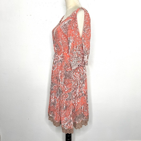 FREE PEOPLE Love Birds Mini Dress Paisley Cold Shoulder Orange Boho Size Medium - Picture 7 of 16